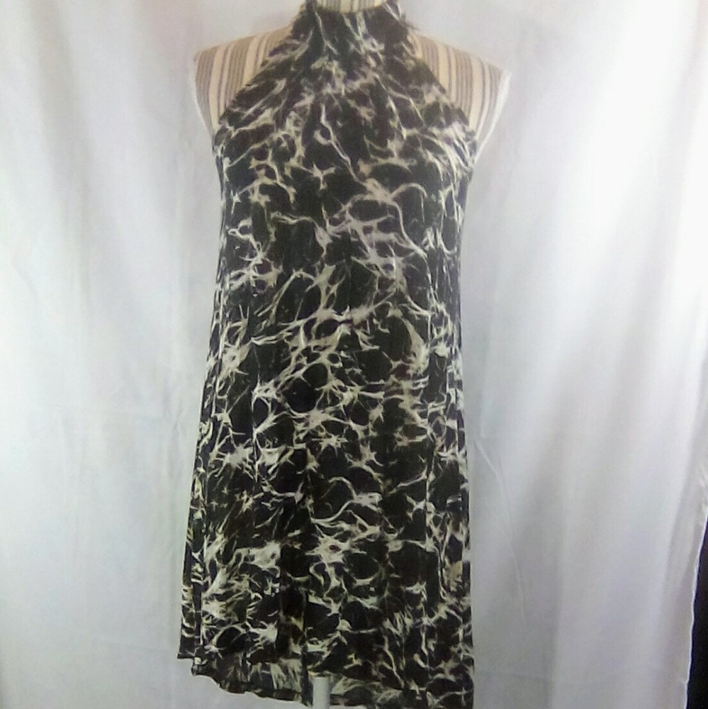 Philosophy  Black w/White & Tan Pattern Open Back Swing Shift Dress Size XSmall